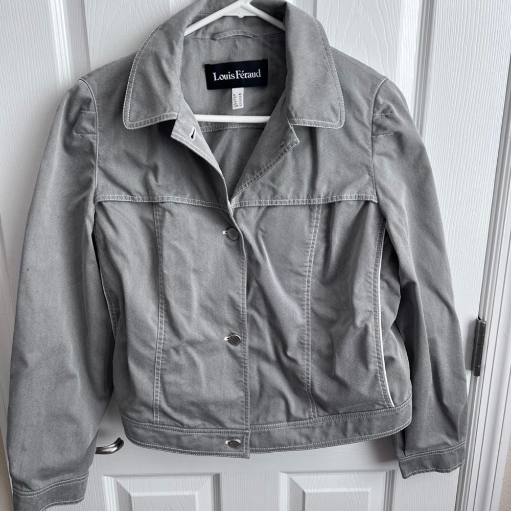 Louis Feraud Paris Gray Twill Contrast Stitch Trucker Jacket Womens‎ US 12 Large